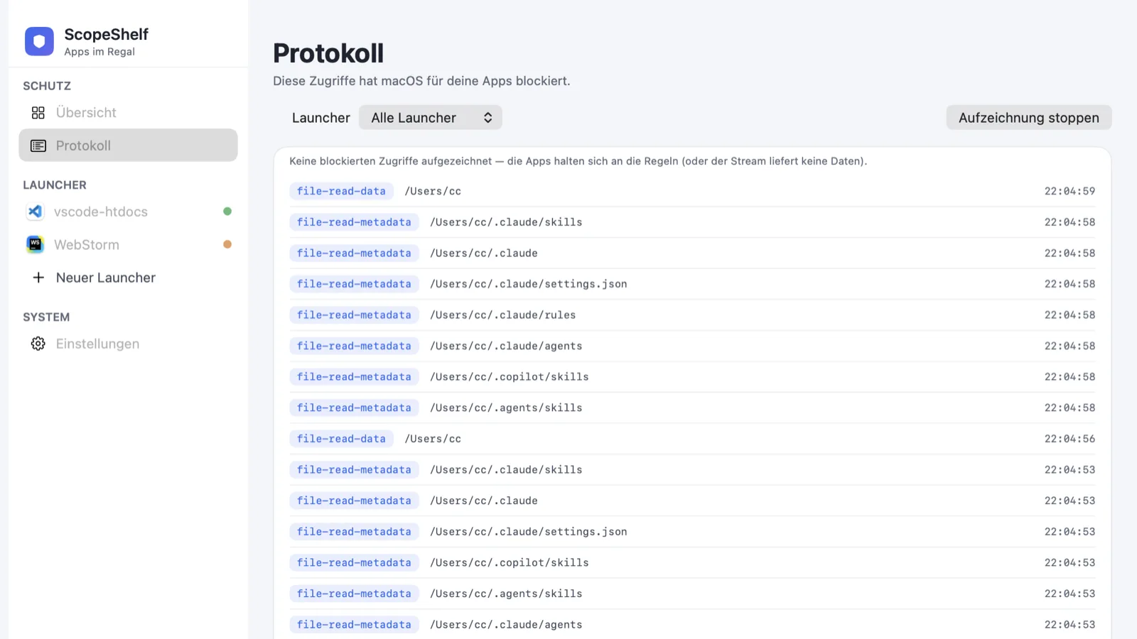 Live audit log of blocked accesses