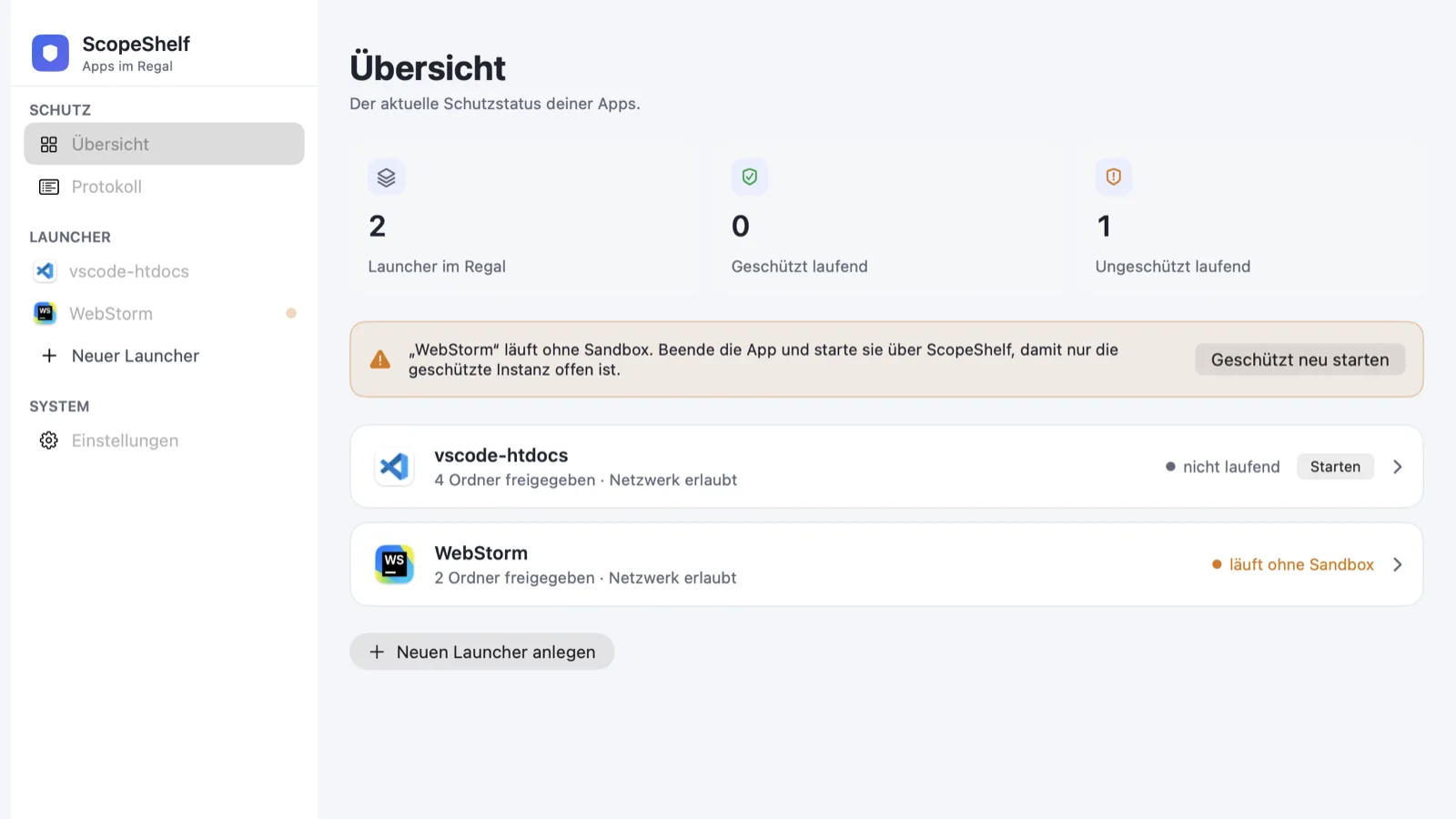 ScopeShelf showing the launcher overview with protection status